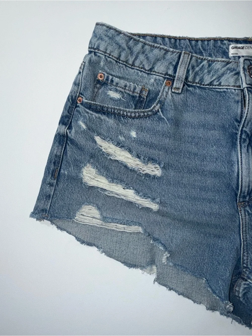Garage Denim Festival Distressed Cutoff Jean Shorts Size 13/31 High Rise Raw Hem